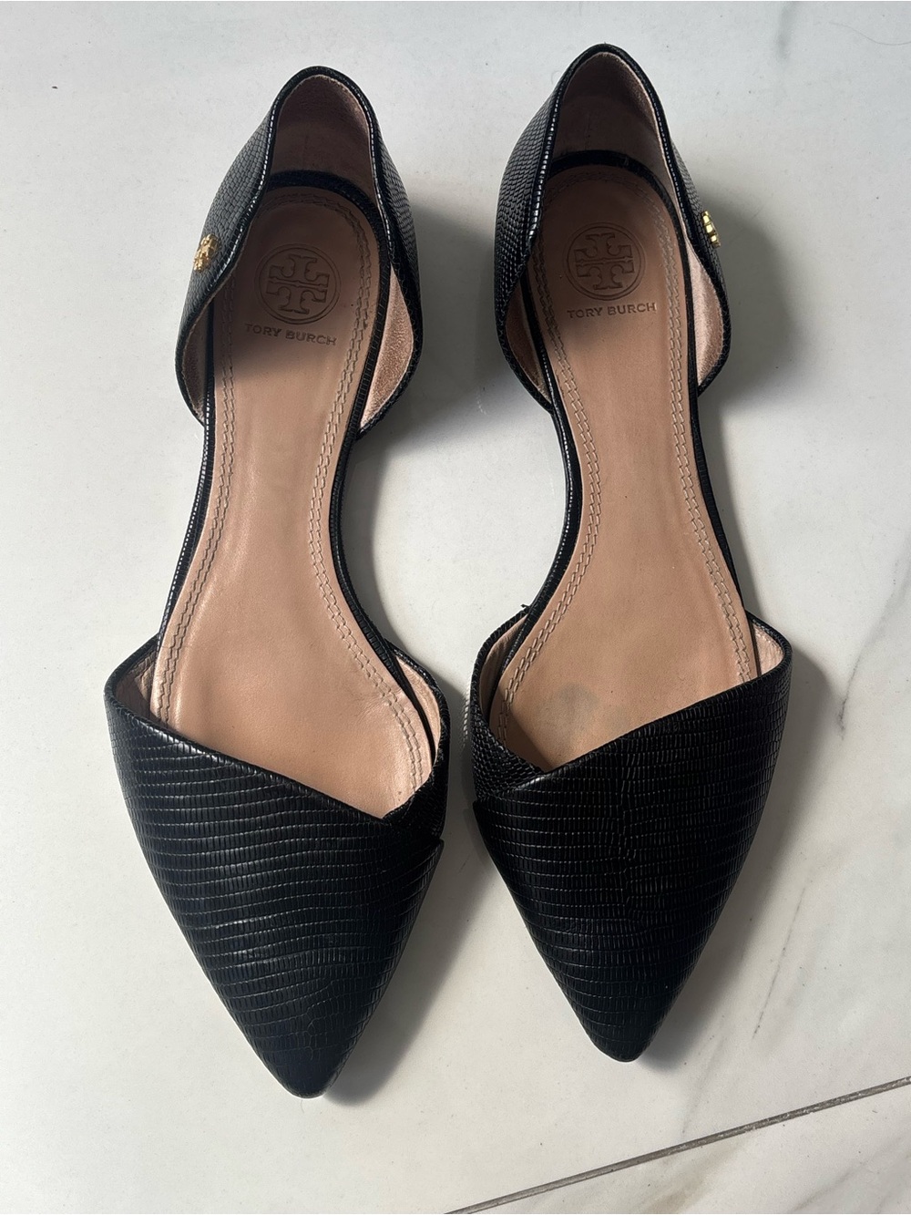 Tory Burch Lizard Leather D'Orsay Black Flats Size 9